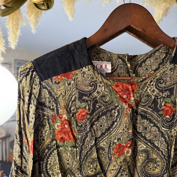 Raoul Black, Sage Green, and Orange Floral Paisley Long Sleeve Drop Waist Dress - Picture 4 of 13